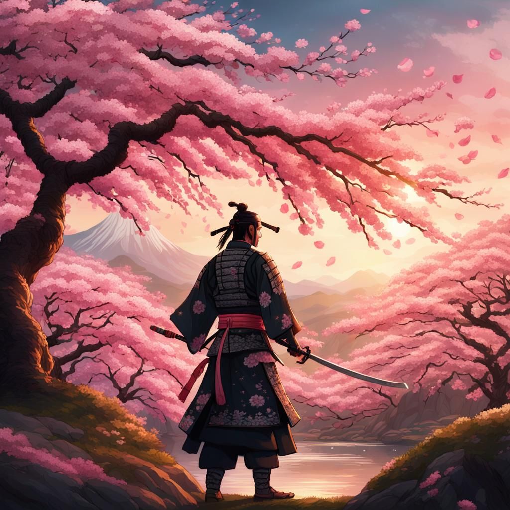 Samurai in Cherry Blossom Garden, Fantasy Art