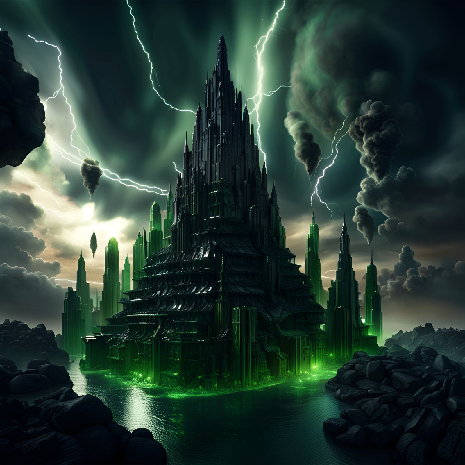 In the black clouds, there floats a city made of moladvite and obsidian crystal that sits in the water that makes storms