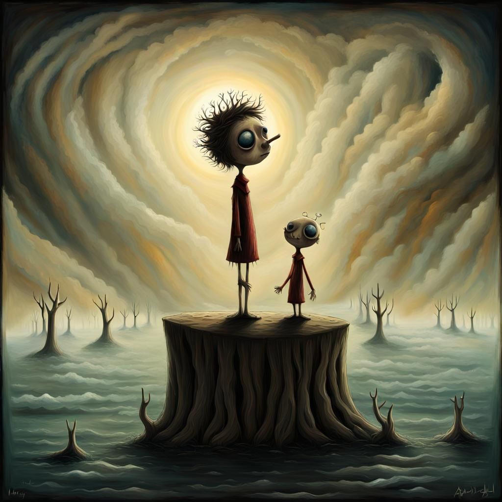 Boy Experiencing Contrasting Emotions in Surreal Style