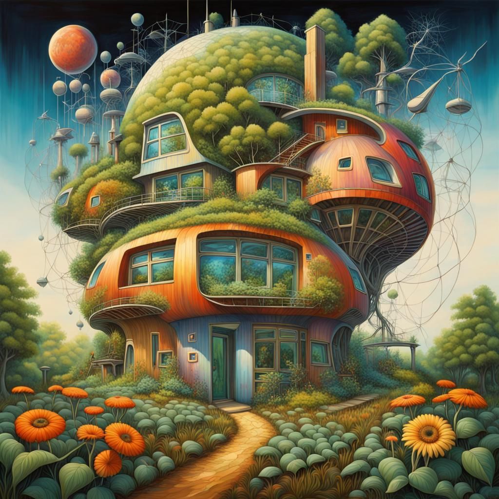 Ecological House Surrounded by Nature: Psychedelic Art