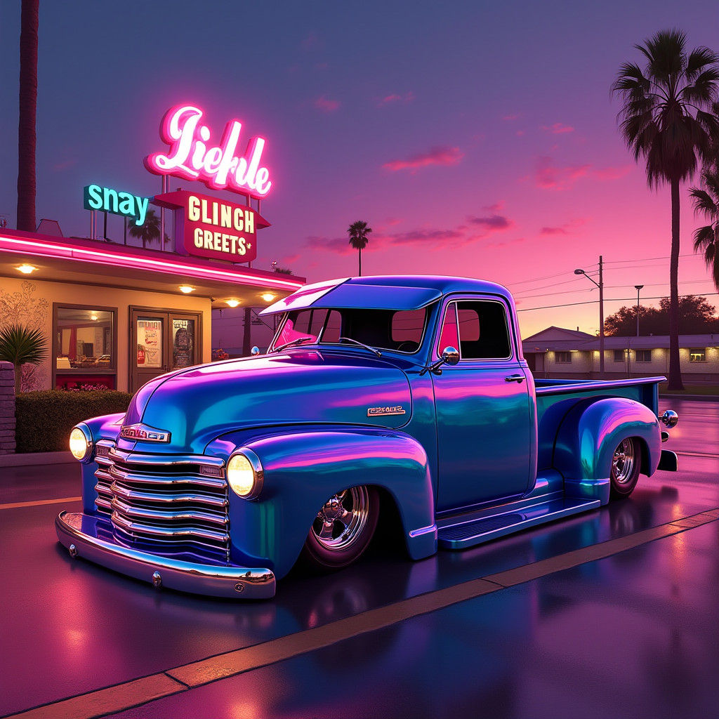 Texas Lowrider Truck Convention in Synthwave Neon Style