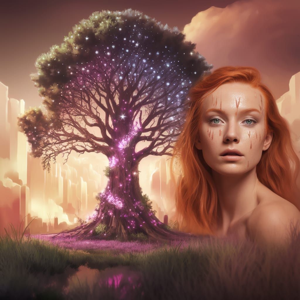 Enchanted Tree Goddess in Ethereal Landscape