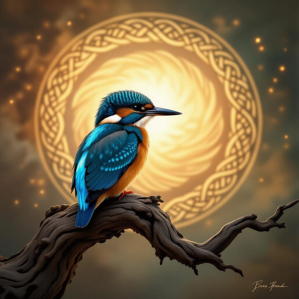 Ethereal Blue Bird on Ancient Branch in Celtic Knotwork