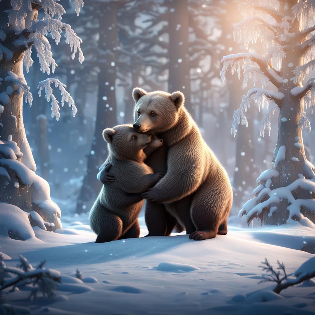 Baby Bears Hug in Winter Forest, 3D Render