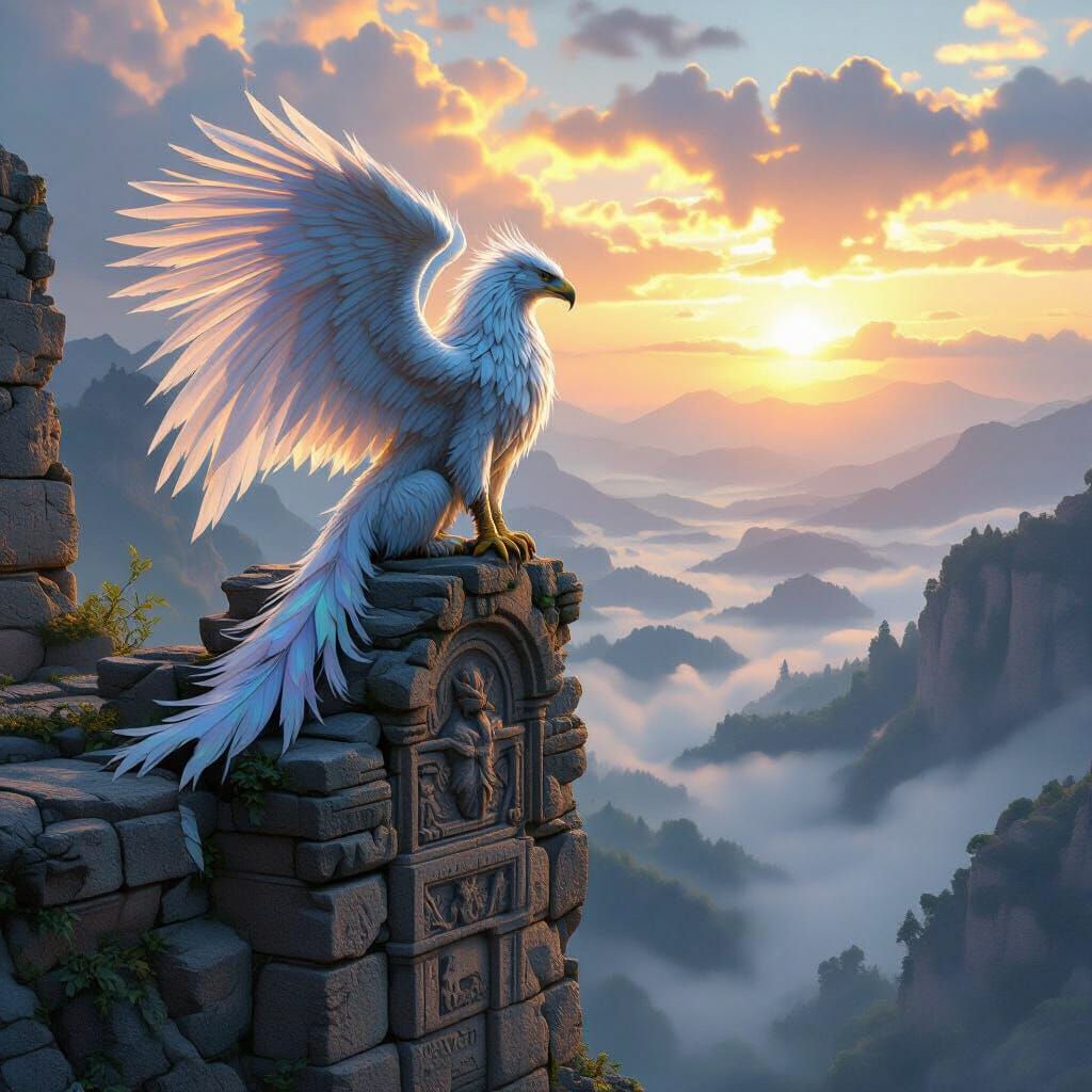 Griffin with Iridescent Feathers on Ancient Ruin