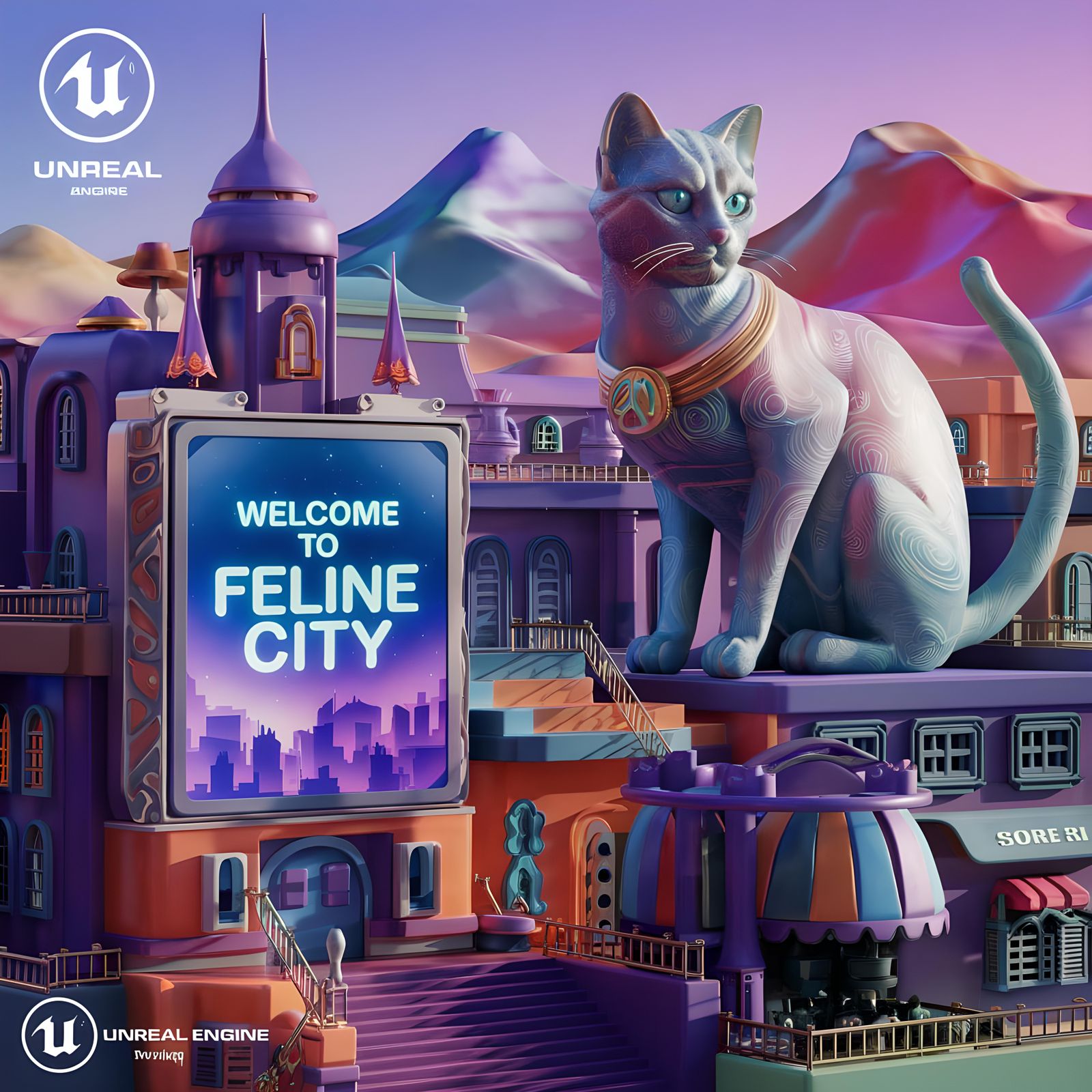 Giant Cat Overlooking Feline City: 3D Render