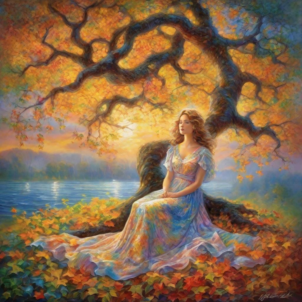 Lady under Tree of Life: Neo-Impressionist Oil Painting
