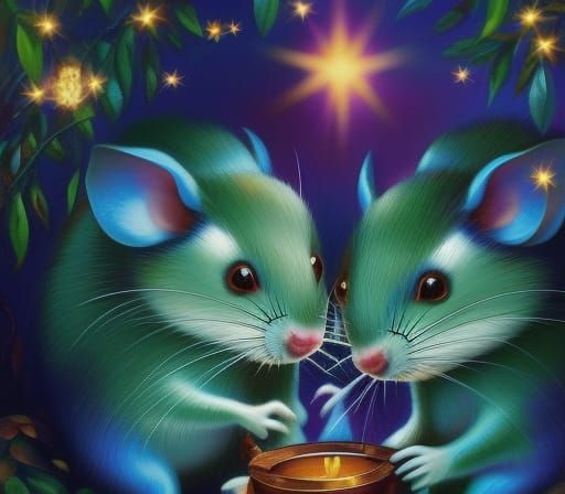 Enchanting Mice at Forest Pond in 1960s Style
