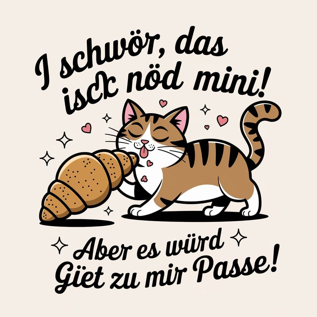 a smug Swiss cat dragging a golden croissant (Gipfeli)