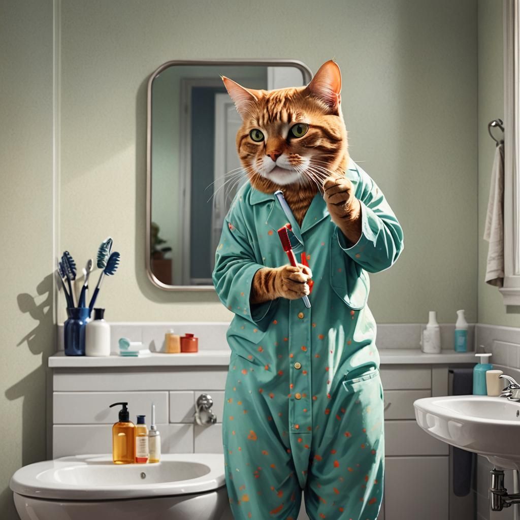 Hyperrealistic Cat Brushing Teeth in Bathroom