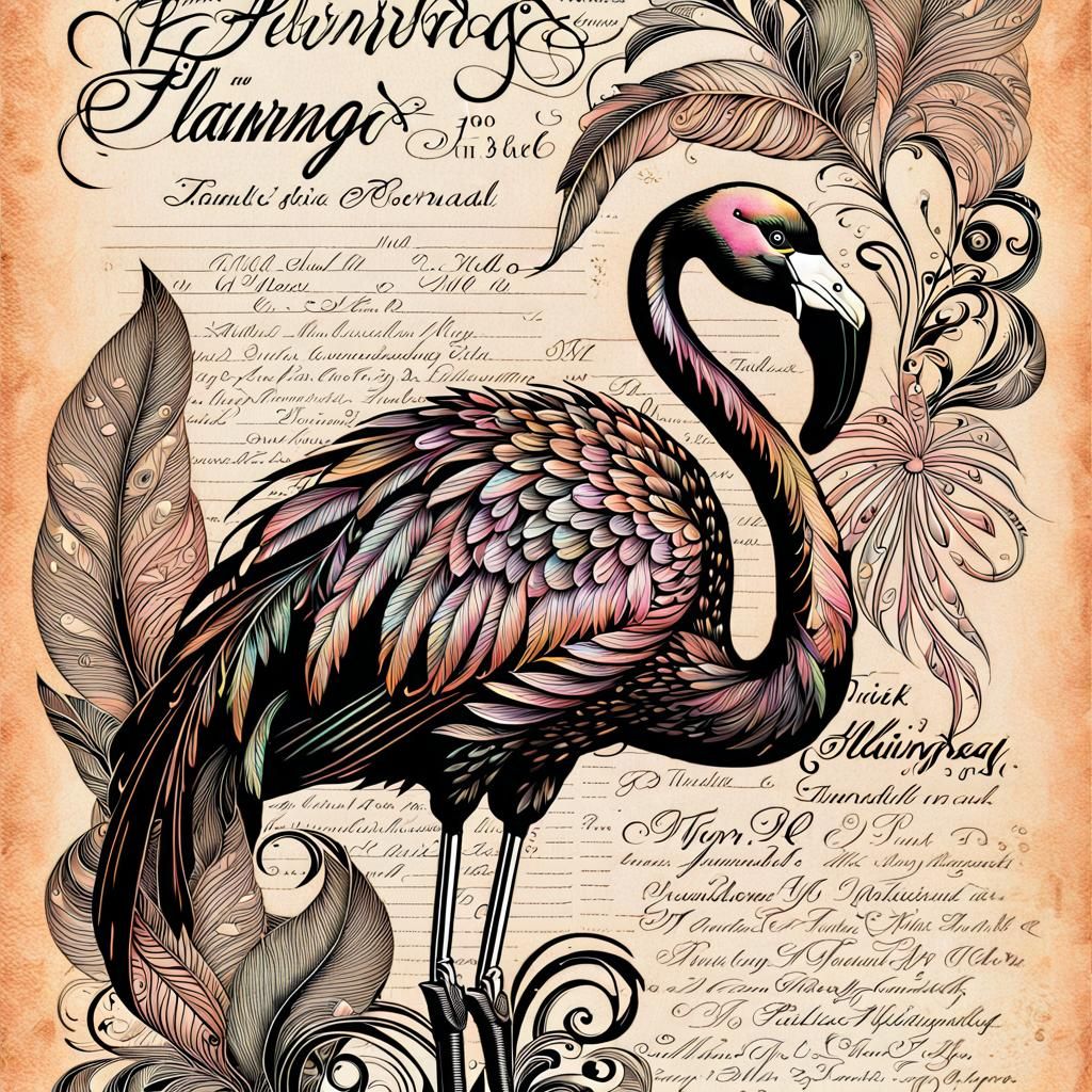 Iridescent Flamingo: Vintage Fine Line Art Illustration