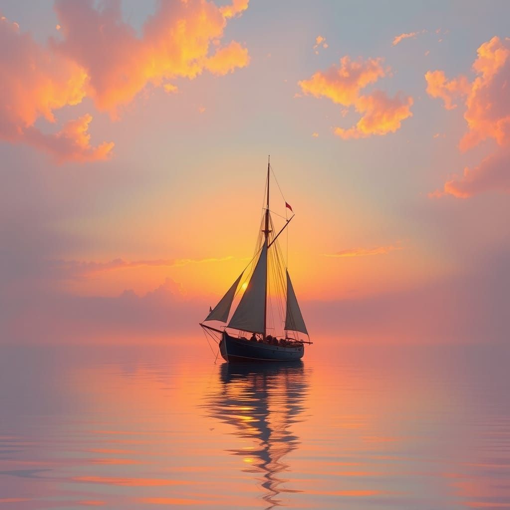 Sailing Boat at Sunset: Romantic Landscape Painting