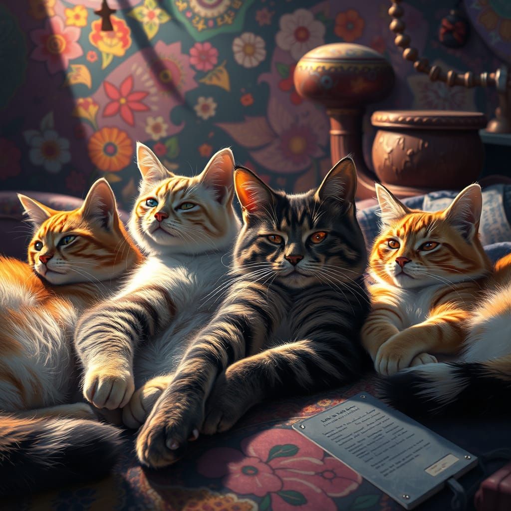Hyperrealistic Cats in Vibrant Fantasy Landscape
