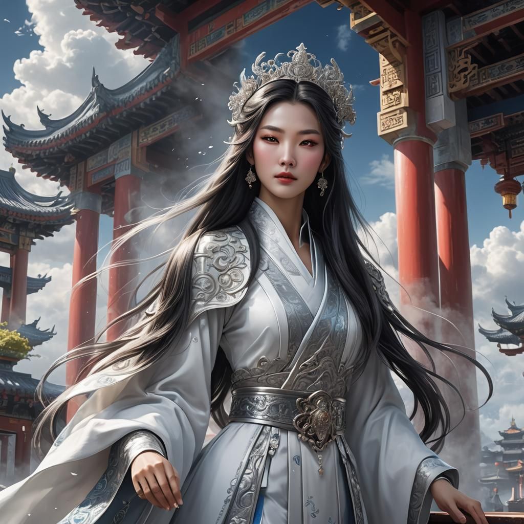 Princess Xianxia in light white and silver. clouds Recesses.