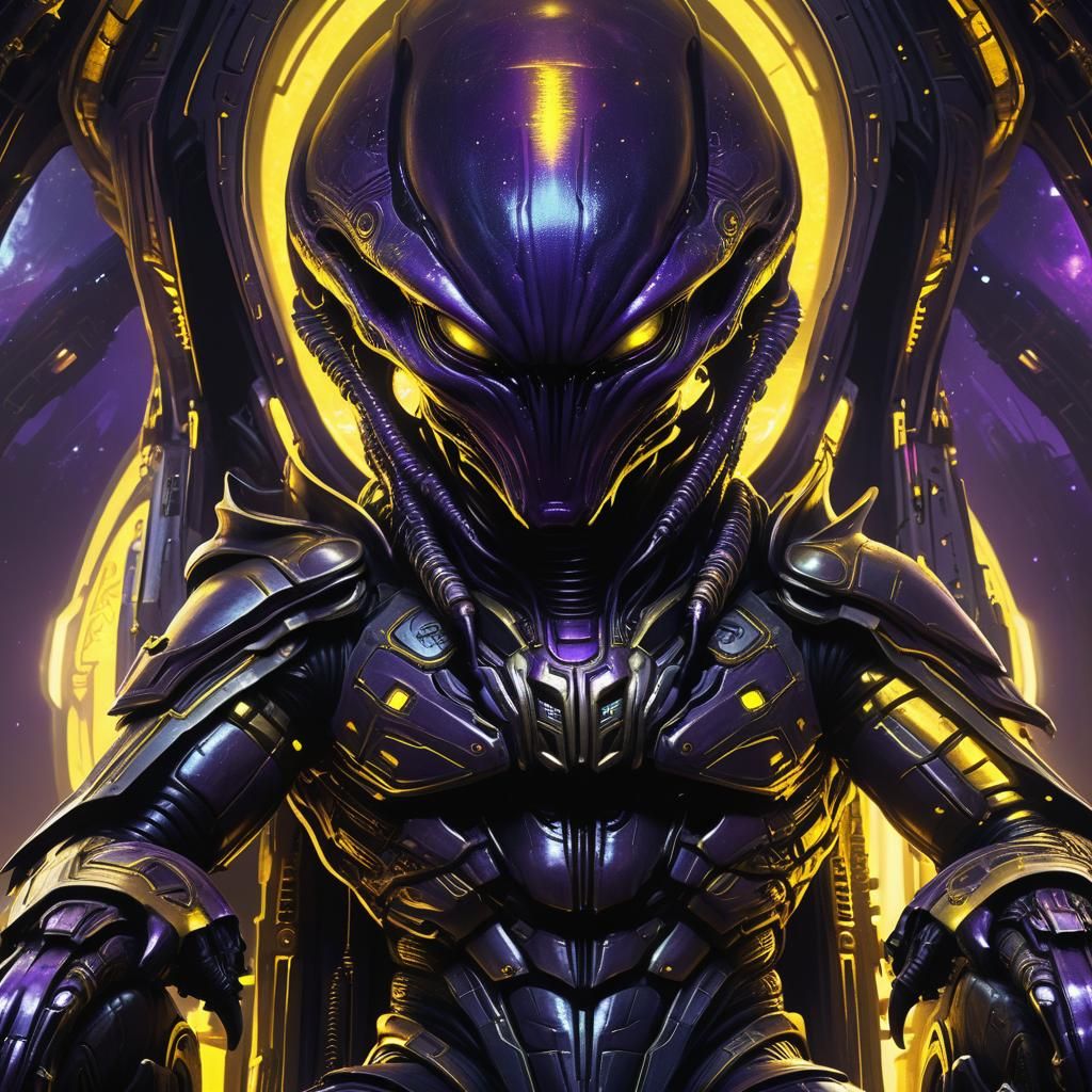 Alien on Spaceship Throne in Dark Fantasy Style