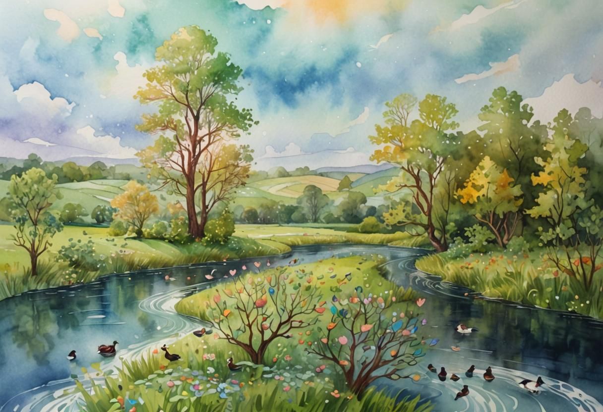 Watercolor River Scene with Ducks in Abstract Style