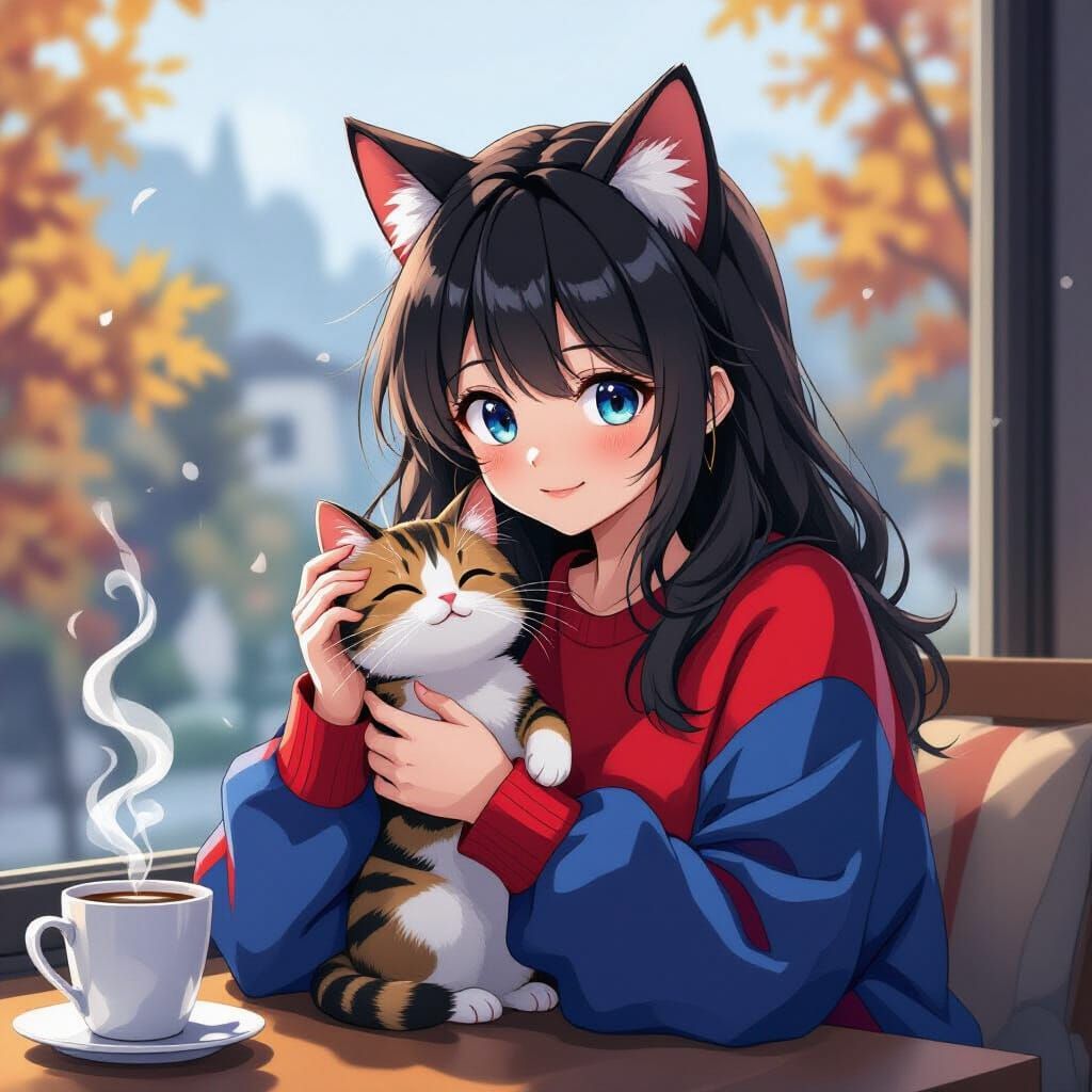 Anime Girl with Cat, Coffee, and Autumn Morning
