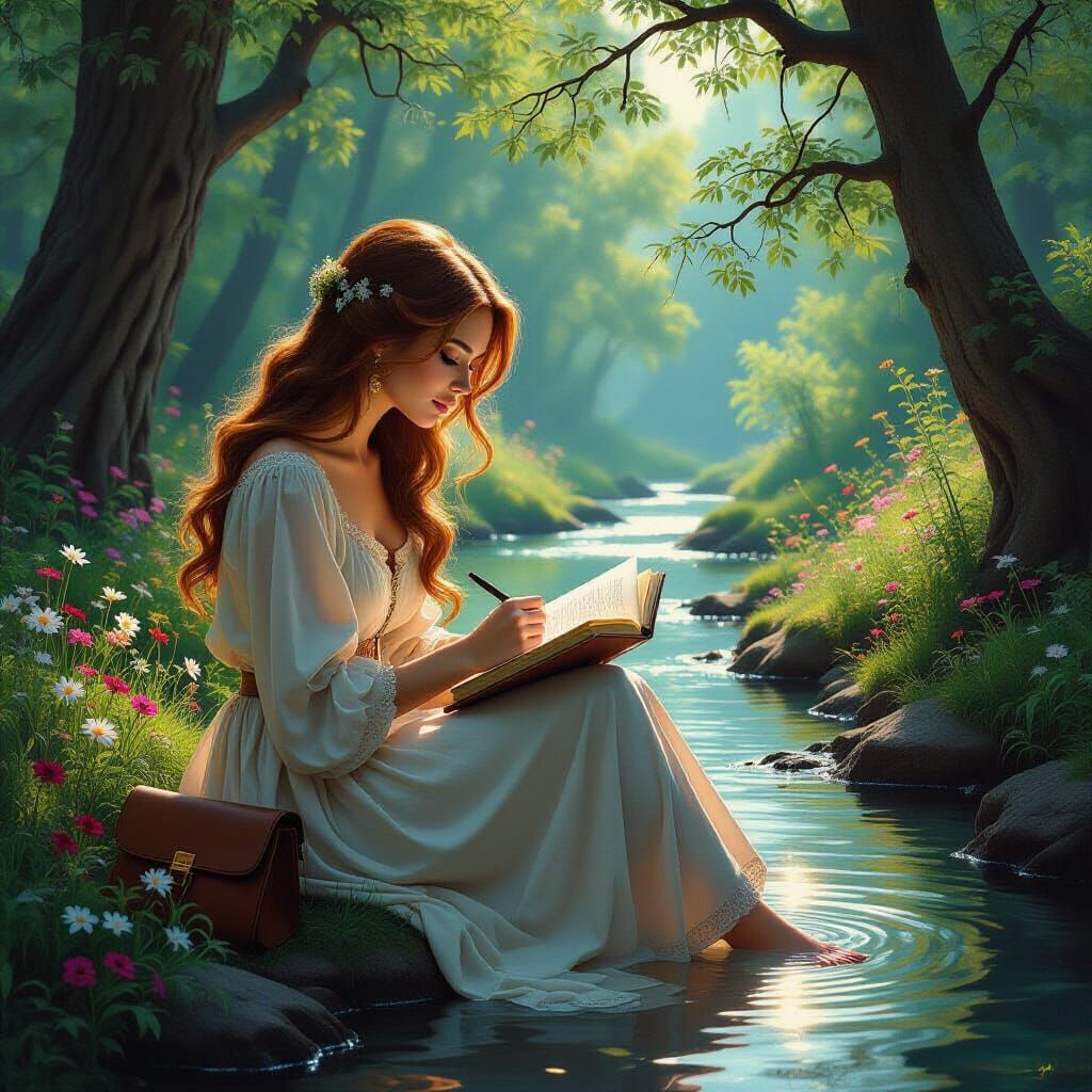 Renaissance Painting Of Woman Journaling By Forest Stream