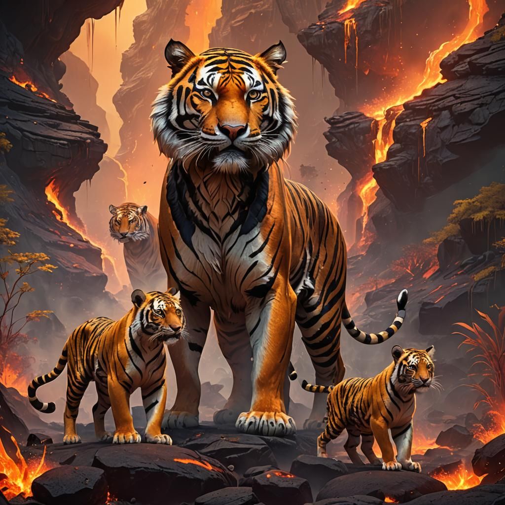 Lava Spirit Tiger Family in Fantasy Landscape