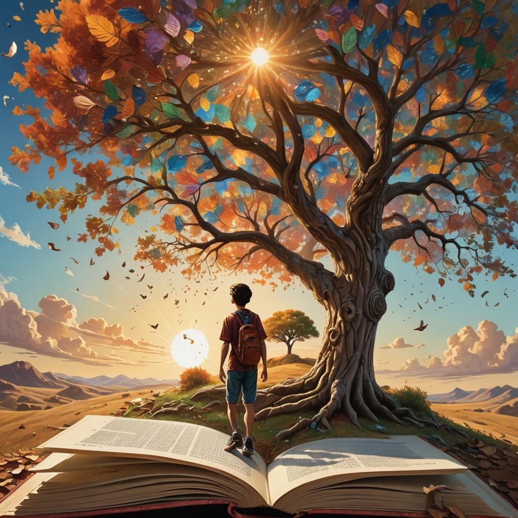 A young boy walking through words of wisdom and past the tre...