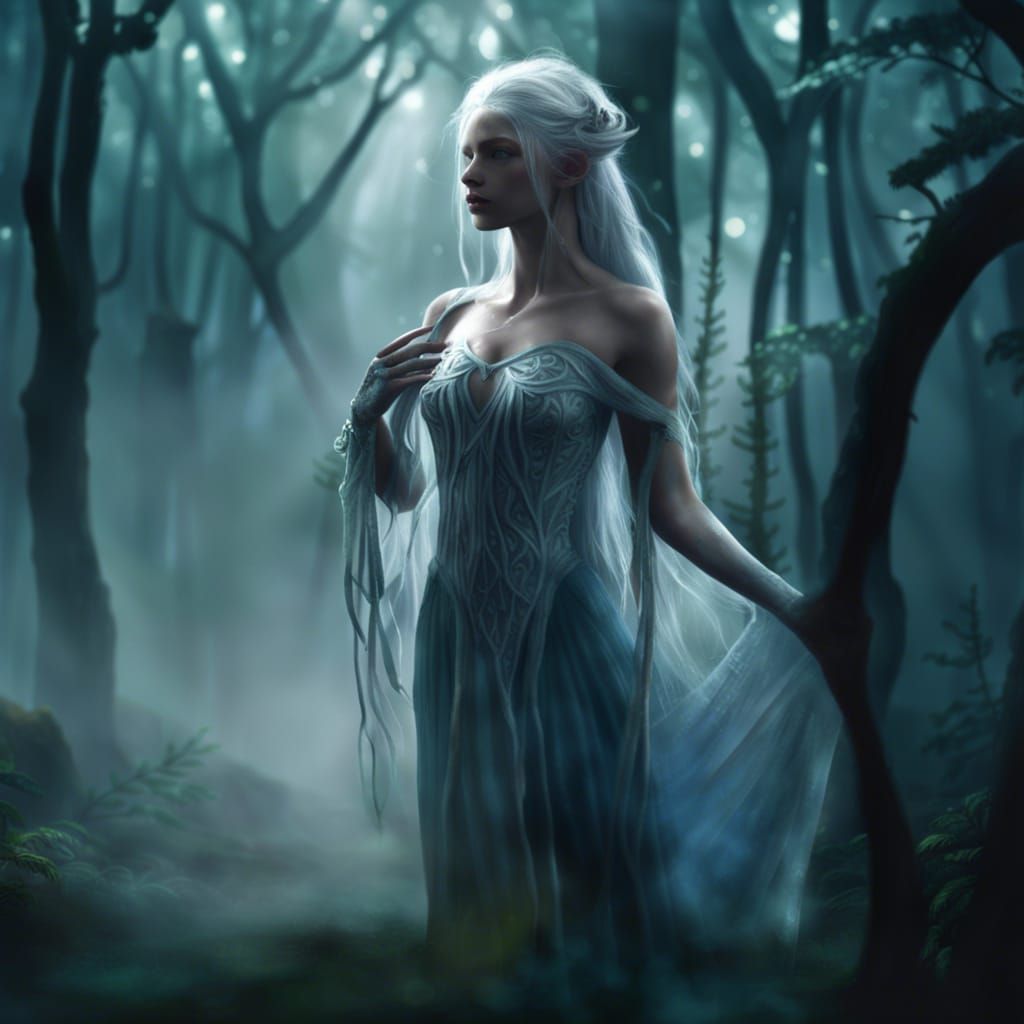 Ethereal Fae Woman with Mist Hair in Forest