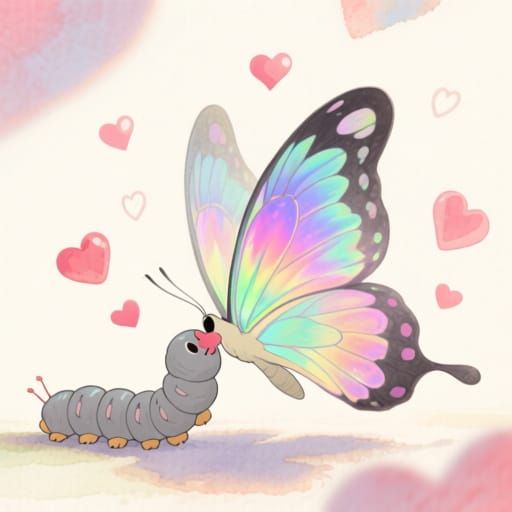 Iridescent Butterfly Kisses Caterpillar in Dreamy Watercolor...