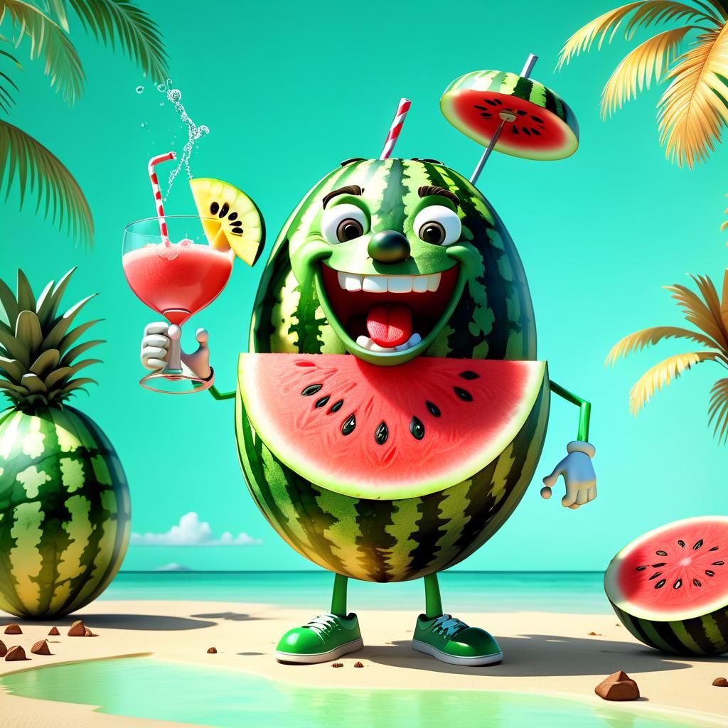 Cheerful Watermelon Cartoon Character Drinking a Pina Colada