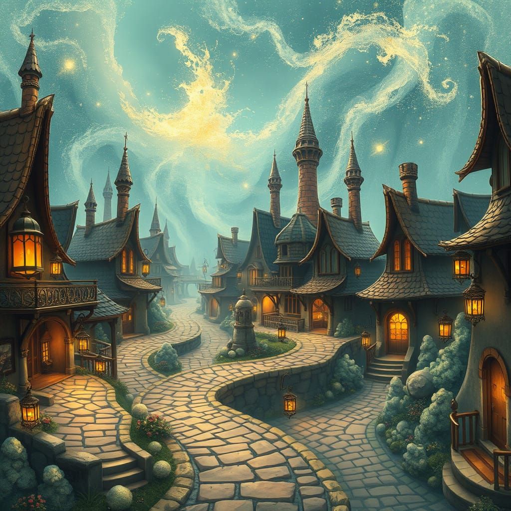 Whimsical City Amidst a Shimmering Wall of Magic