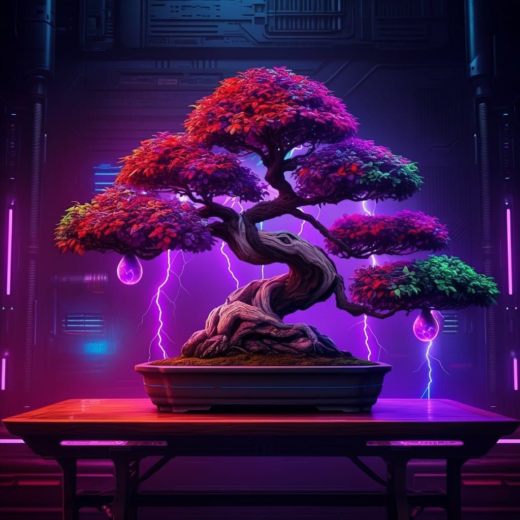 Cyberpunk Bonsai Tree with Electric Fruit