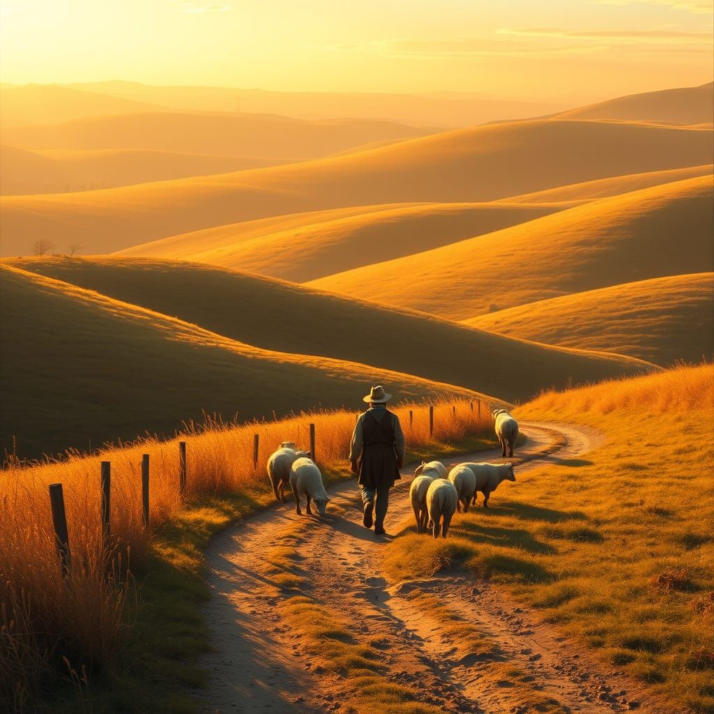 Golden Hour Pastoral Landscape, Impressionist Style