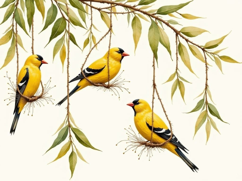 Ethereal Yellow Finches Amidst Weeping Willow Branches