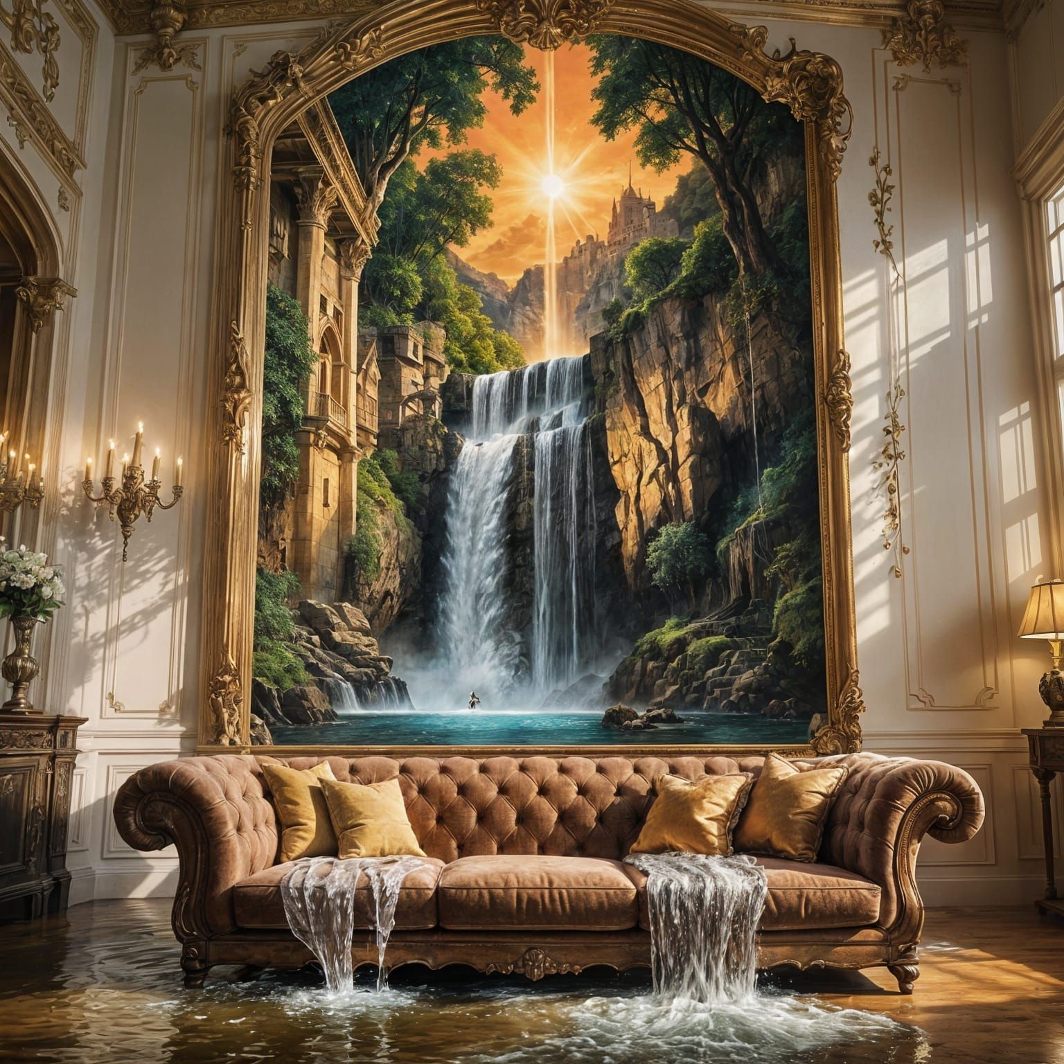 (Water flowing from a picture of waterfall coming from the C...