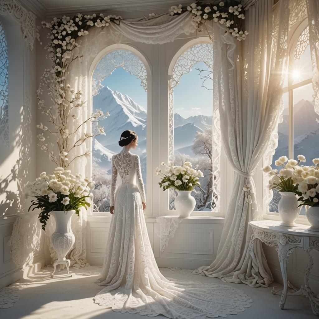 Surreal White Room with Snake in White Suit