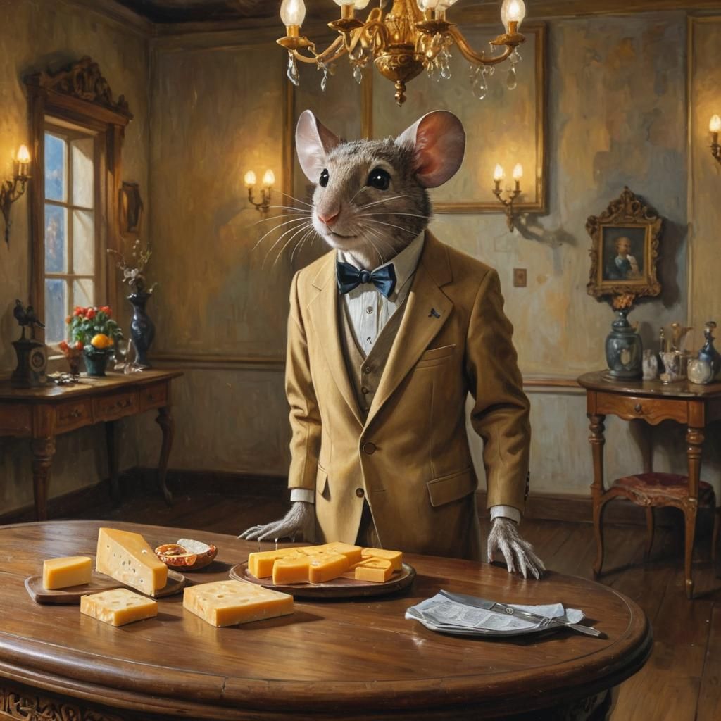 Mouse Cheese Taster in Surrealist Oil Painting