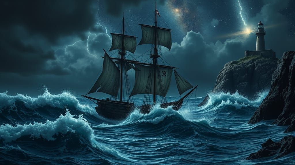 Pirate Ship in Stormy Seas: Hyperrealistic Greg Rutkowski St...