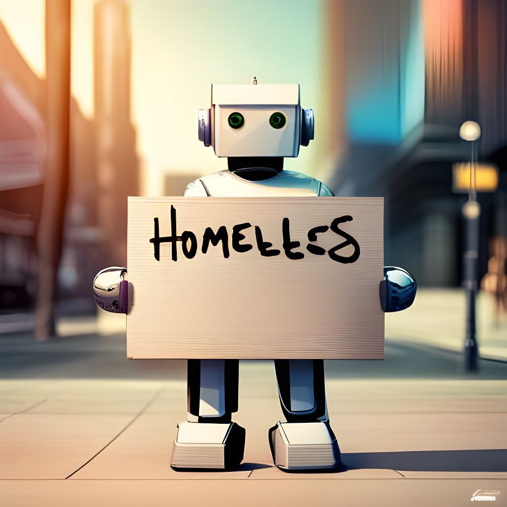 Hyperrealistic Robot Holds Homeless Sign: Concept Art