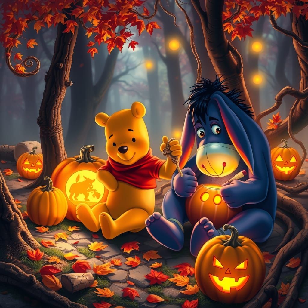 Pooh and Eeyore Carving Jack-o'-Lanterns