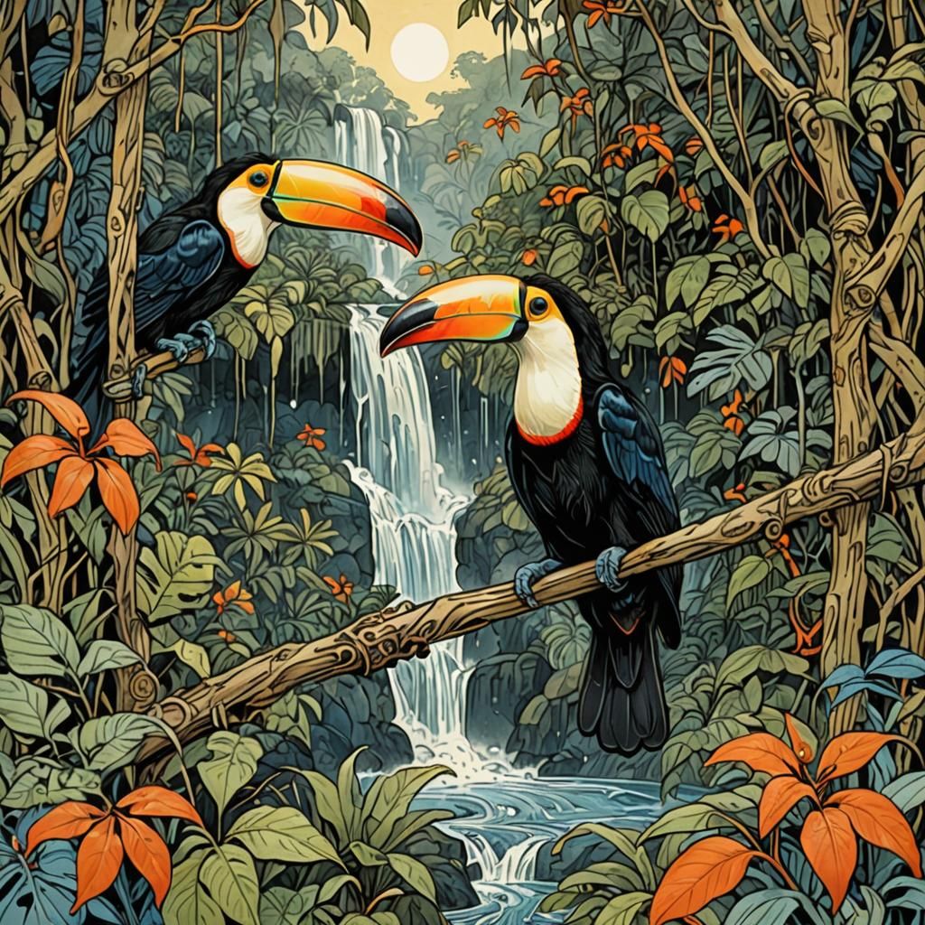 Toucan in Jungle Illustration as Linocut Print