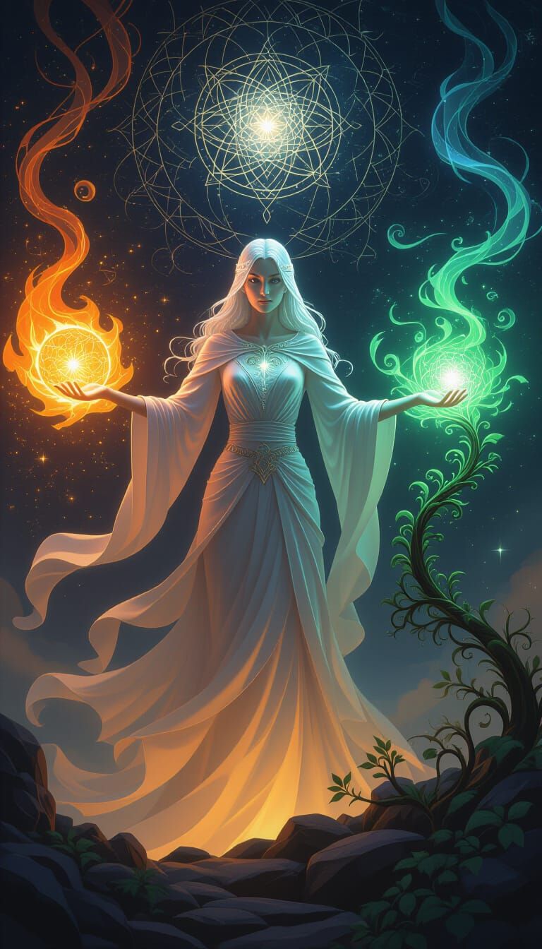 Ethereal Figure Transforms Cosmos with Light and Flora