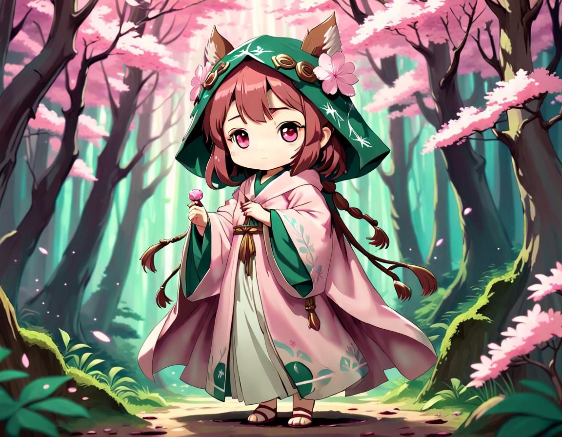 Chibi Forest Priestess in Ghibli Anime Style