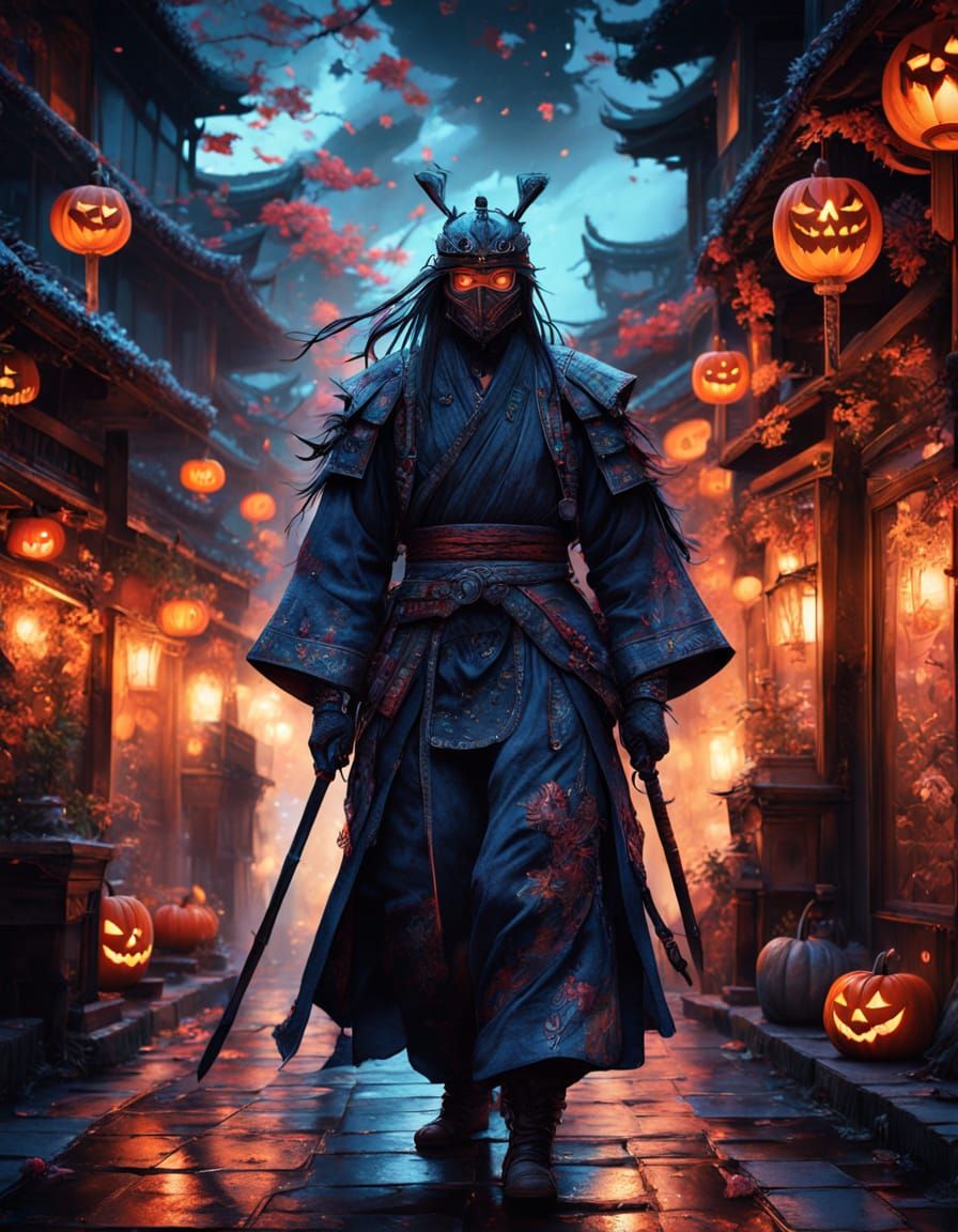 Ethereal Samurai Ghost in Haunted Halloween Streets