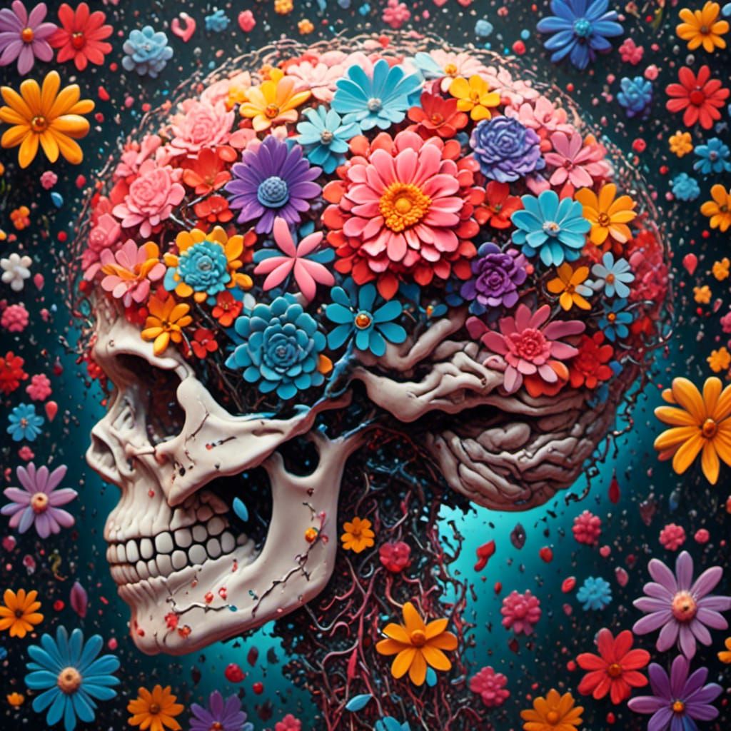 Colorful Glass Brain Graffiti Art with Flowers