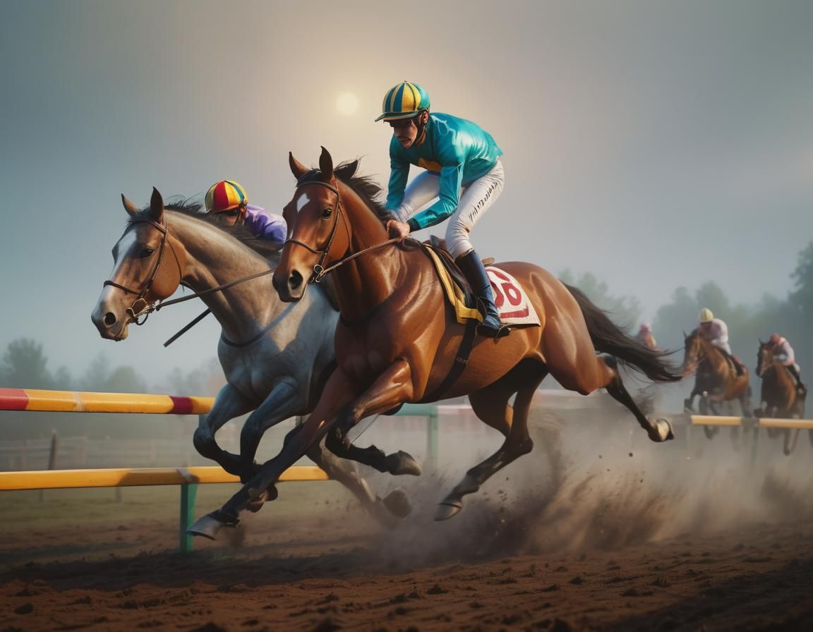 Dramatic Steeplechase Horse Race as Oil Painting