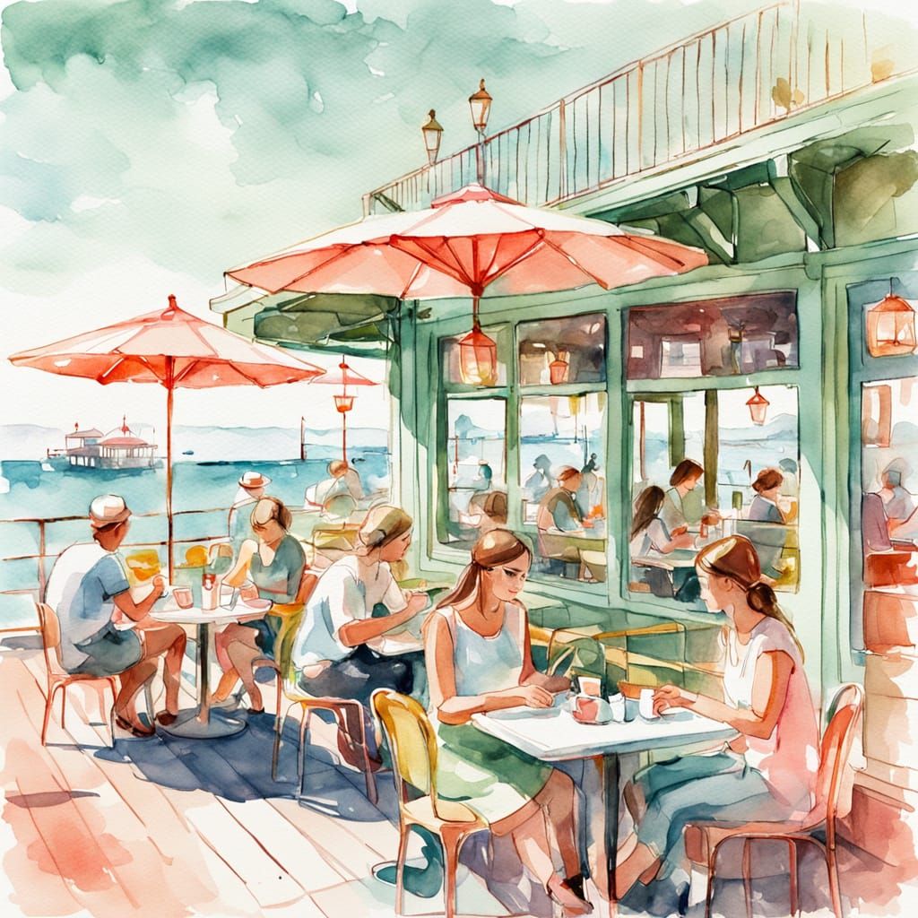 Summer Cafe Scene in Watercolor Style