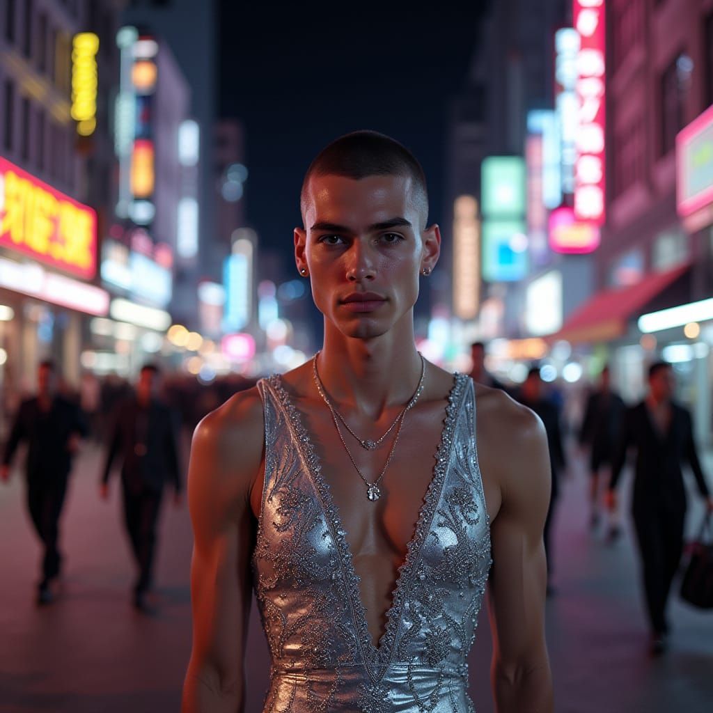 Man in Silver Gown Walks City Street