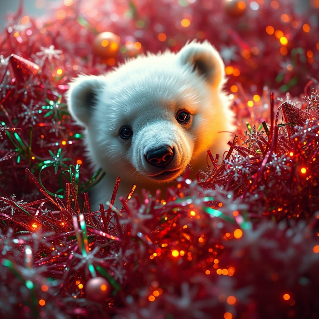 Adorable Polar Bear Playfully Emerge from Vibrant Tinsel Hea...