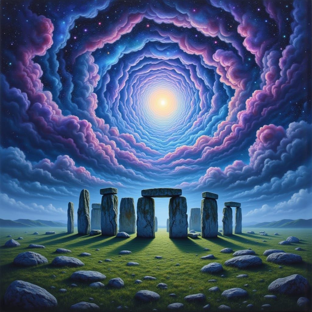 Stonehenge Under Swirling Stars in Surreal Oil Painting