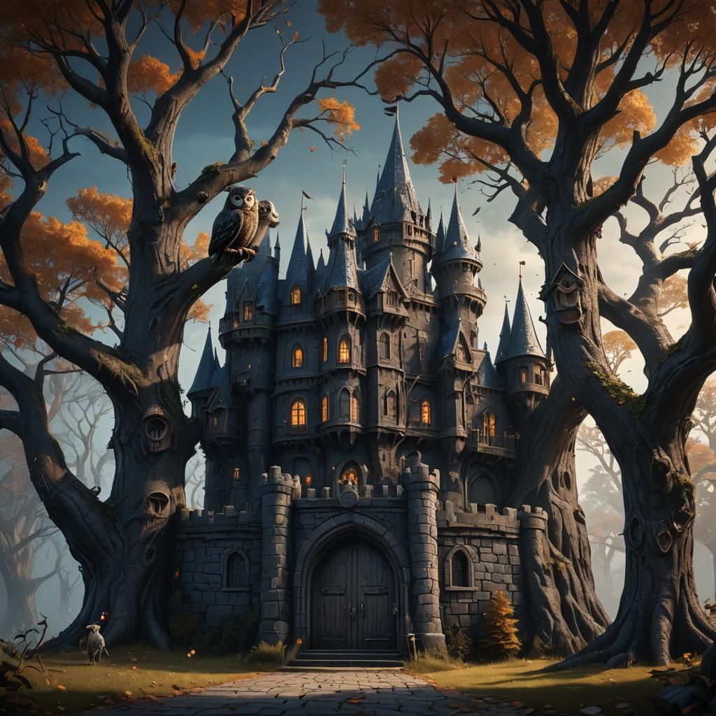 Dark Castle with Owl: Detailed Matte Painting
