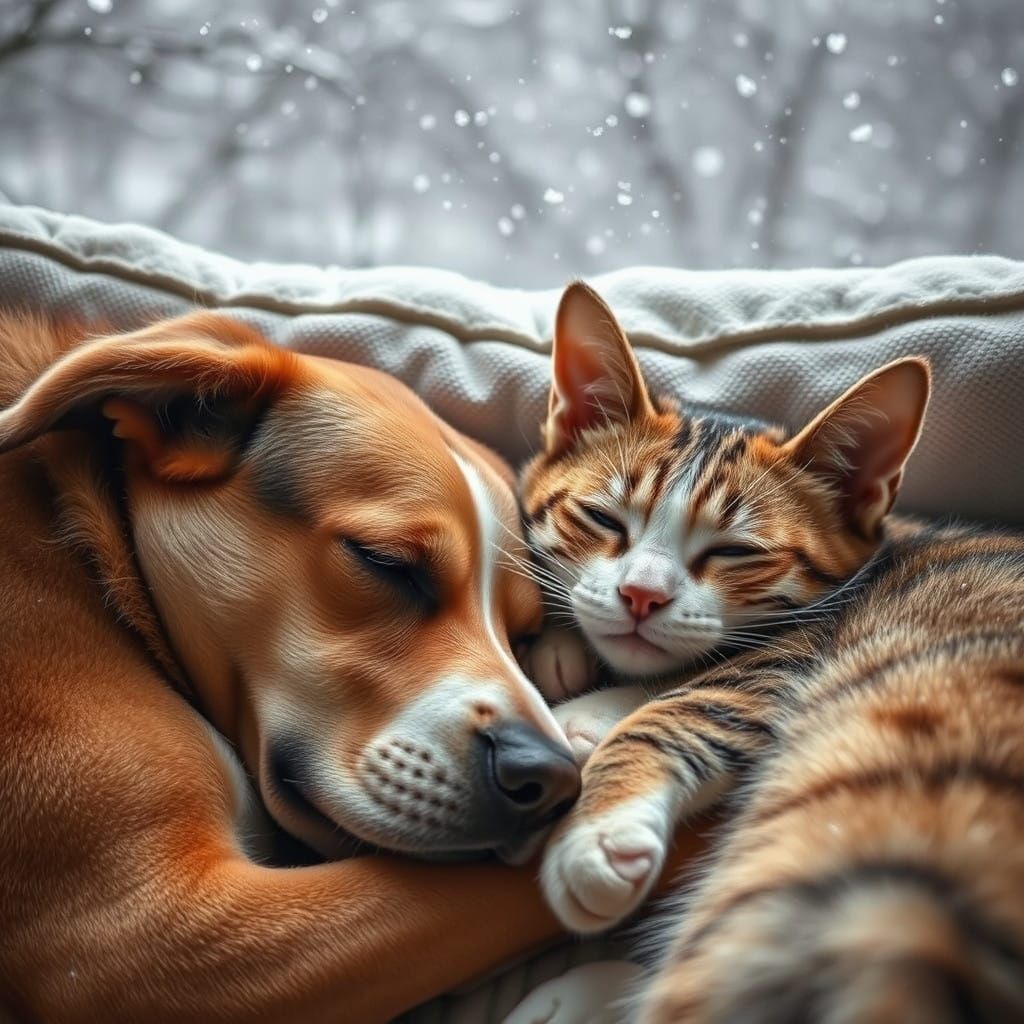 Winter Serenity with Canine and Feline Friends