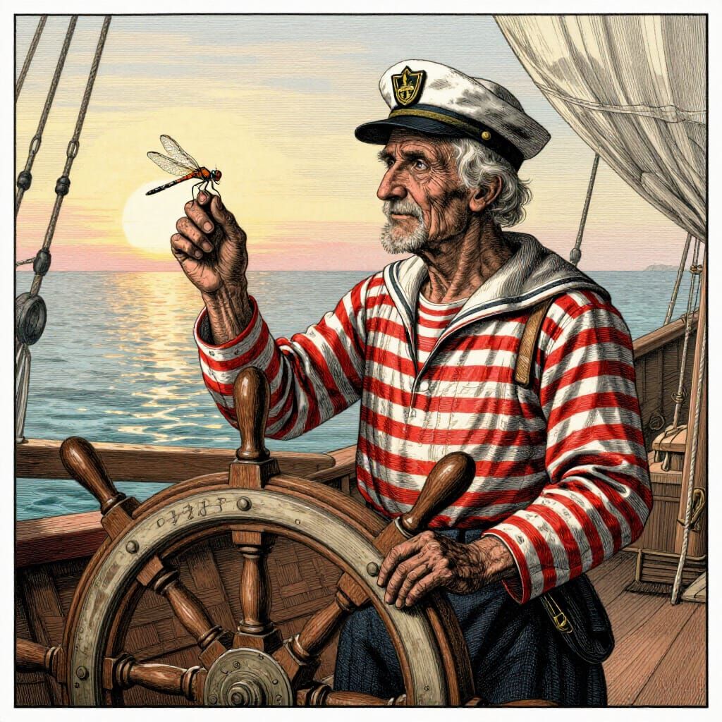 Old Sailor at Helm with Dragonfly, Vintage Engraving Style